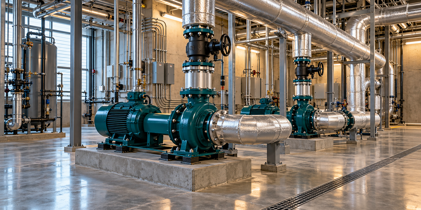Mechanical room with pumps and insulated piping